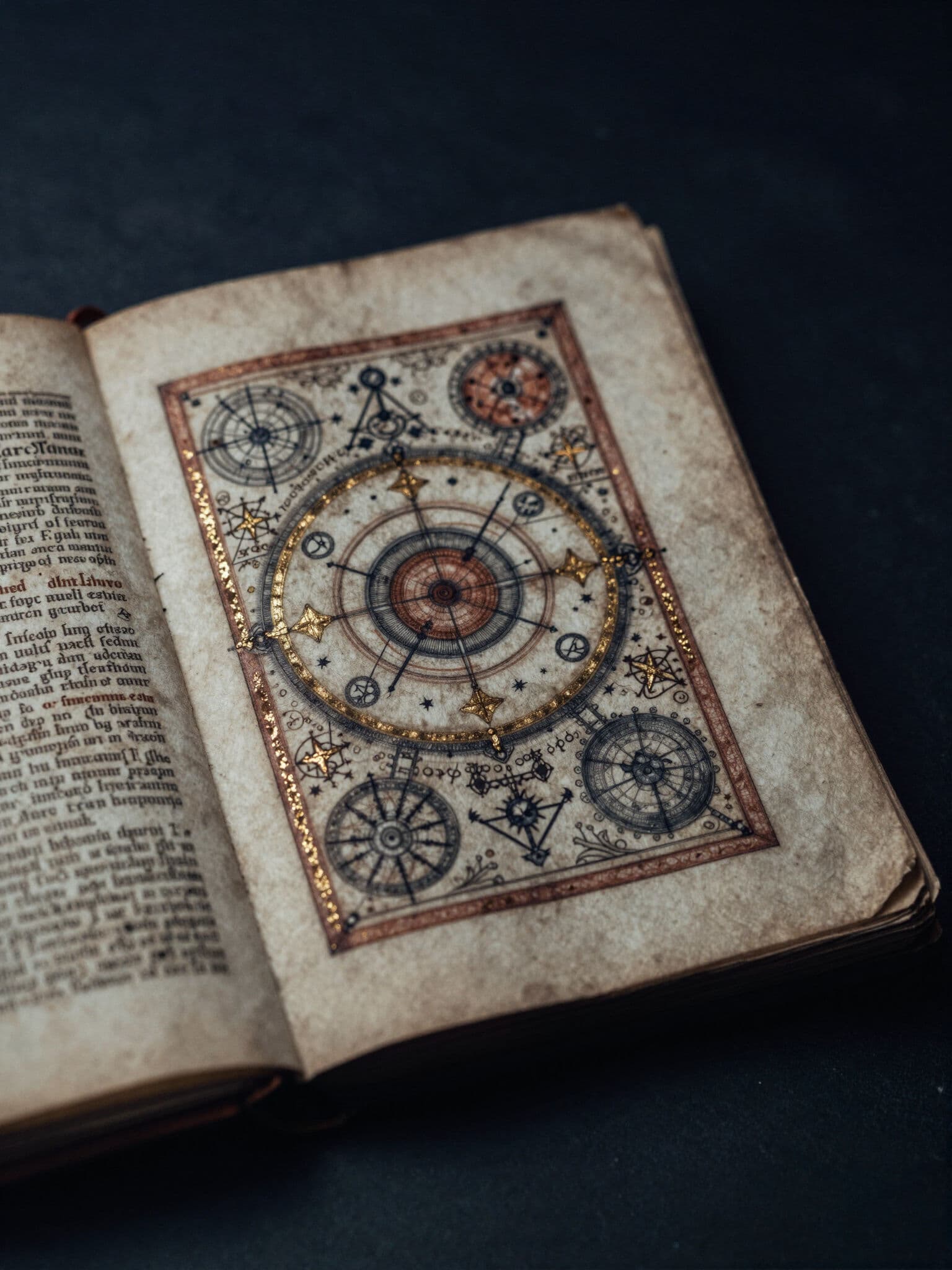 An open book displaying an astrolabe and celestial diagrams